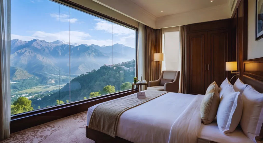 Luxury hotel room with a beautiful mountain view During Chardham yatra by helicopter 2026.