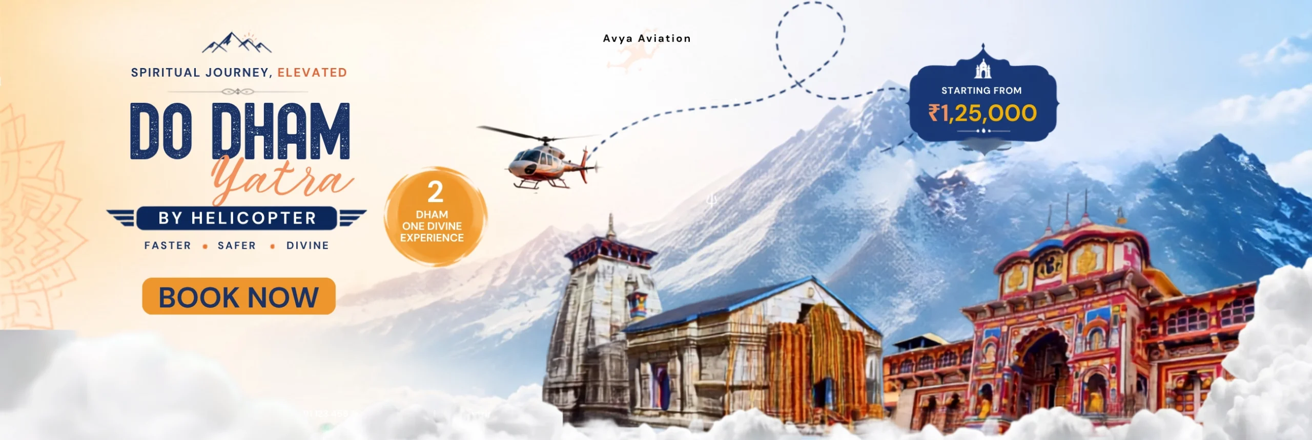 Avya Aviation Do Dham yatra by helicopter banner showcasing Kedarnath and Badrinath temple in the snow, starting from Rs. 1,40,000 3N/4D and 125000 same Day.