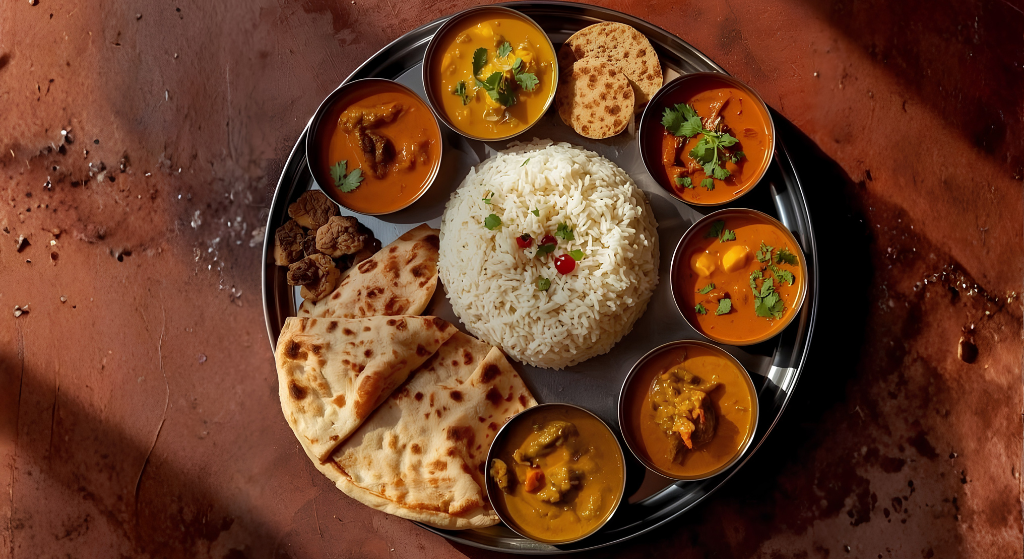 Authentic North Indian vegetarian Thali platter served during the 4 dham Yatra by helicopter Package.
