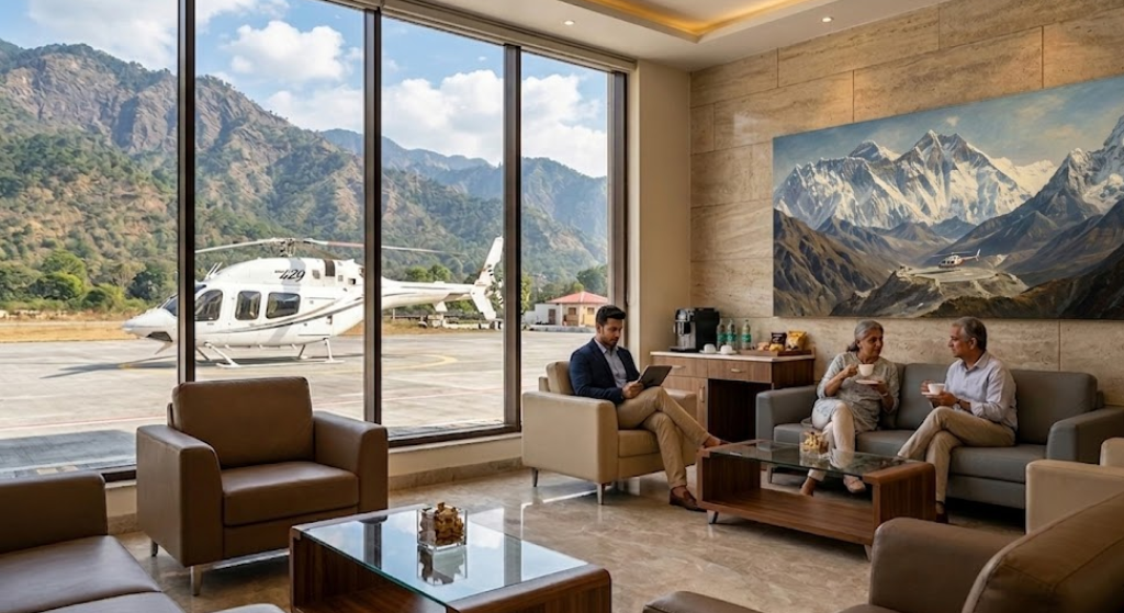 VIP passenger lounge at Sahastradhara Helipad Dehradun for Same Day Do Dham Yatra by Helicopter