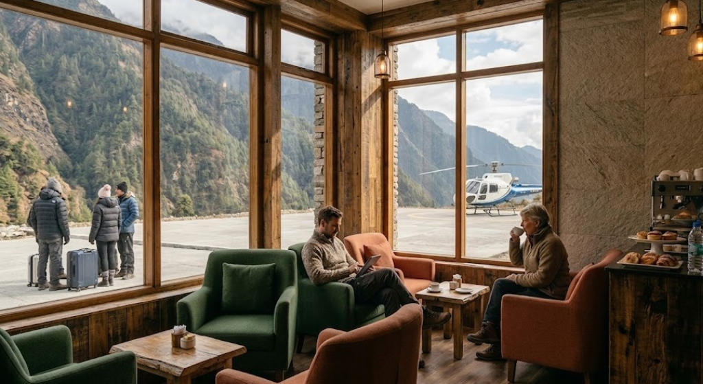 Cozy waiting lounge at Sersi Phata base helipad for Kedarnath helicopter shuttle transfer during Do Dham yatra by Helicopter.