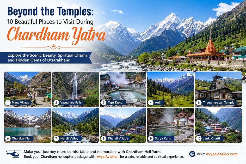 Chardham Heli Yatra guide featuring 10 beautiful places to visit during Chardham Yatra in Uttarakhand.