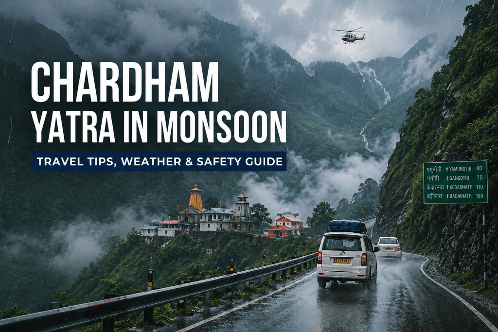 A helicopter flying over rainy Himalayan mountains near a temple road, showing travel tips on the best time to visit char dham yatra.