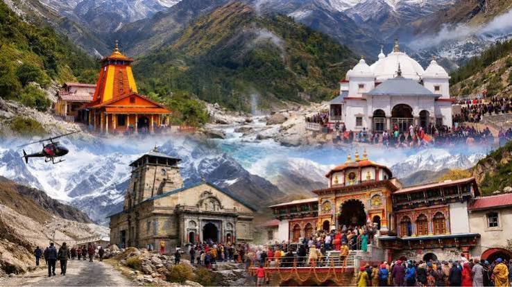 "A collage showing the four sacred temples of Char Dham Yatra—Yamunotri, Gangotri, Kedarnath, and Badrinath—set against the Himalayan mountains with pilgrims and a helicopter in the background."