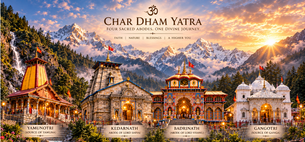 Chardham Yatra 2026 Package guide featuring Yamunotri, Gangotri, Kedarnath, and Badrinath temples in Uttarakhand.