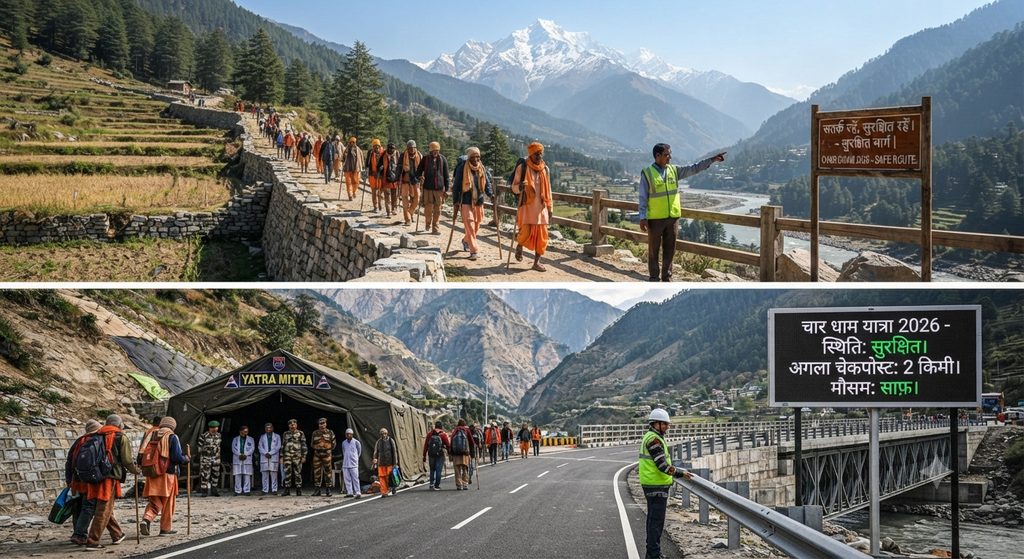 Char Dham Yatra 2026 safety blog image showing a line of pilgrims walking along a secure Himalayan trail next to a warning sign in the top panel. The bottom panel features a "Yatra Mitra" checkpoint tent and an LED digital board displaying the clear weather and safe status for travellers.