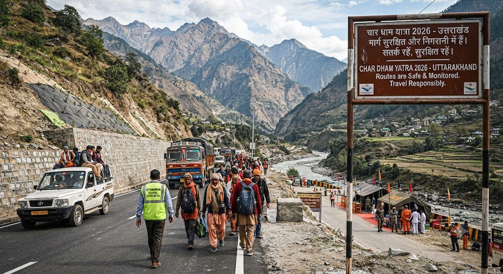A view of the Char Dham Yatra 2026 route in Uttarakhand with pilgrims and vehicles moving safely. A roadside signboard confirms the routes are safe and monitored.